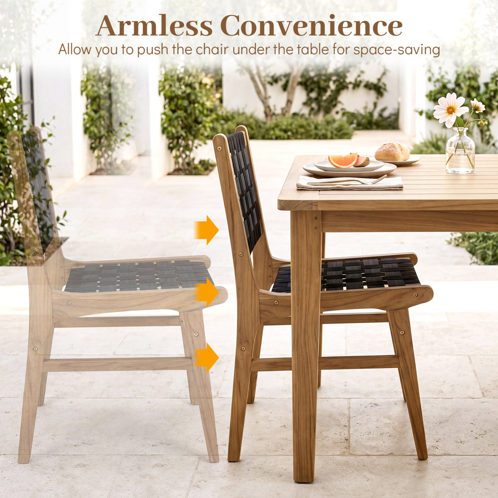 Solid teak outdoor dining chair with hand-woven straps, featuring armless design for space-saving under-table storage.
