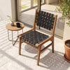Solid teak hand-woven strap outdoor dining chair with ergonomic comfort, ideal for patio and garden use.