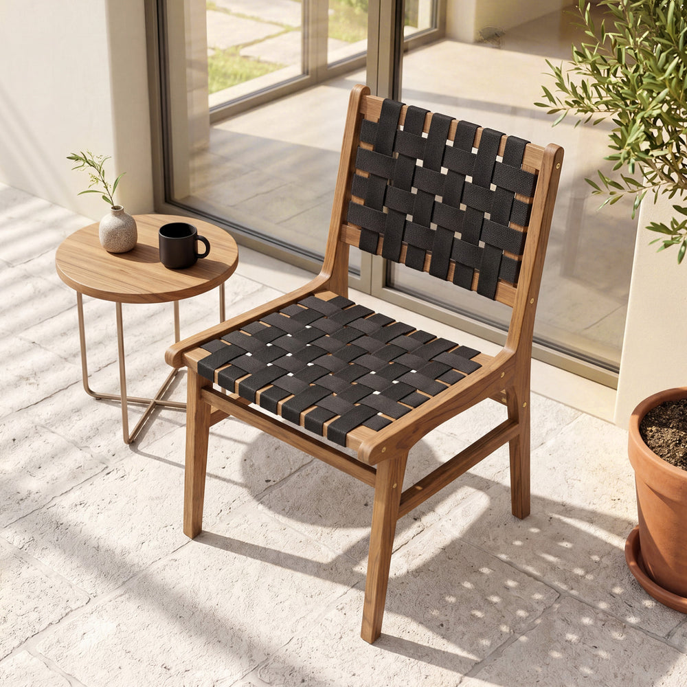 Solid teak hand-woven strap outdoor dining chair with ergonomic comfort, ideal for patio and garden use.