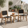 Hand-woven strap outdoor dining chairs in natural teak, featuring ergonomic design for patio and garden comfort.