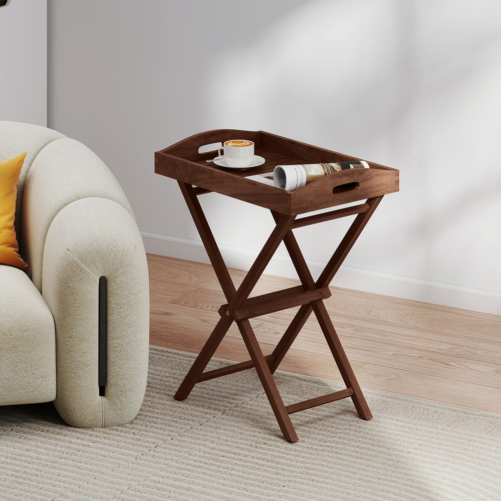 Teak wood tray table with removable top, featuring a foldable design and convenient handles for outdoor use.