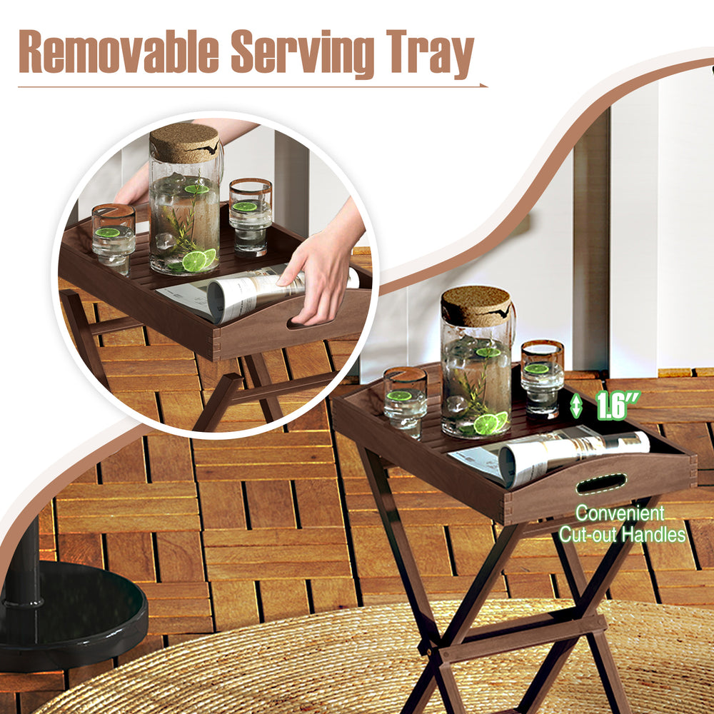 Solid teak wood tray table with removable tray top, featuring cut-out handles, ideal for patio and garden use.