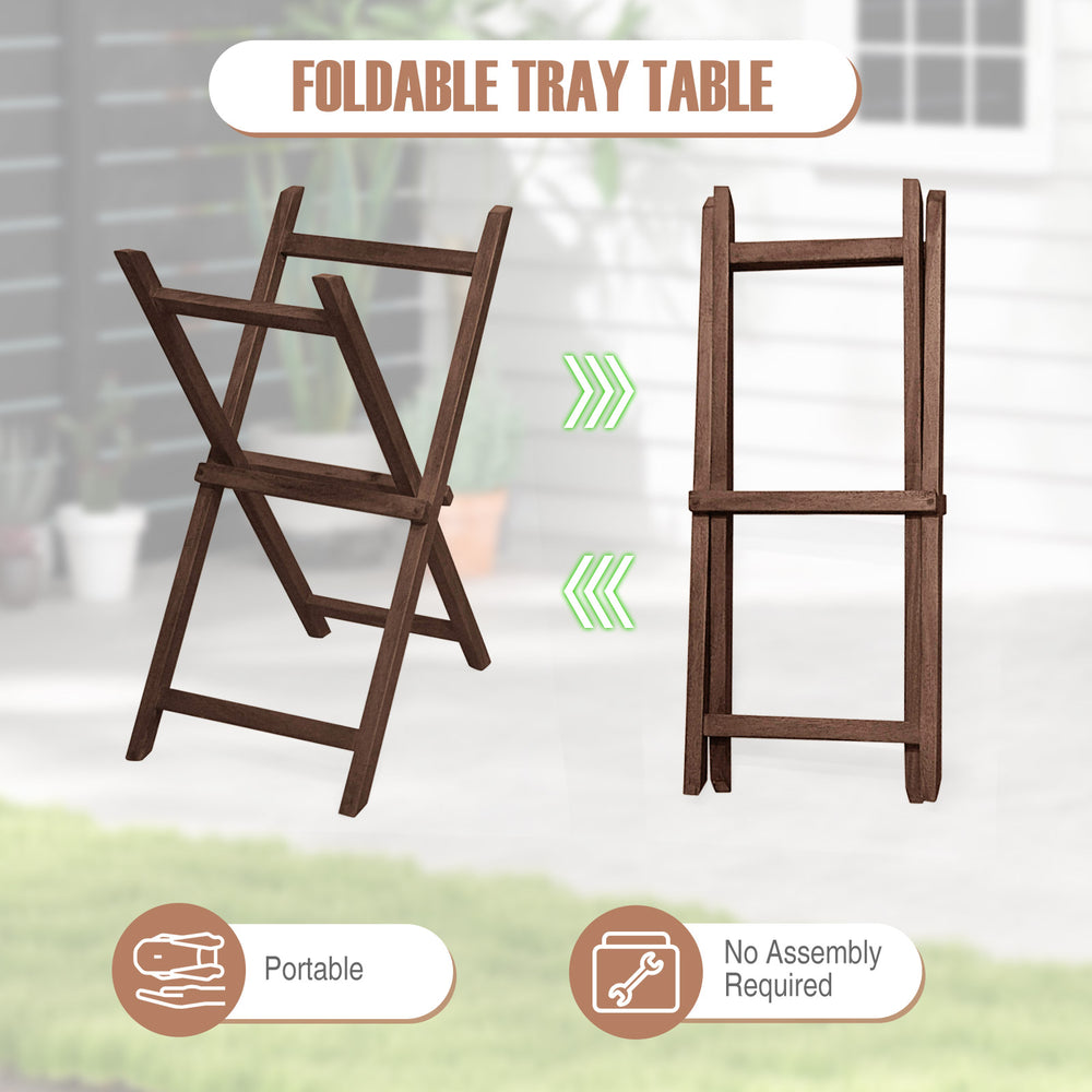 Foldable teak wood tray table with removable top, featuring a sleek finish and portable design for outdoor use.
