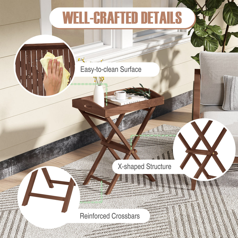 Solid teak wood tray table with removable top, featuring an X-shaped structure and easy-to-clean surface for outdoor.