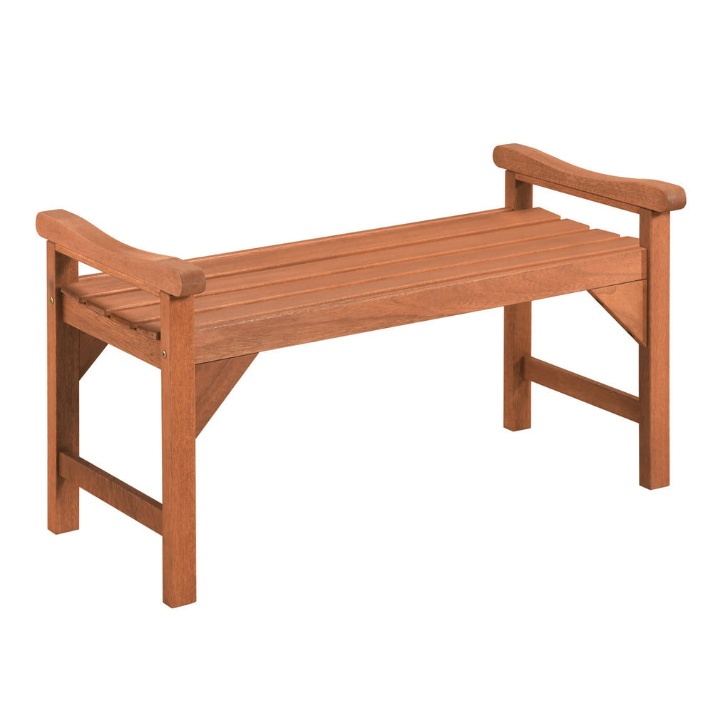 Backless solid wood garden bench with curved slatted seat and support handles, ideal for outdoor decks and patios.