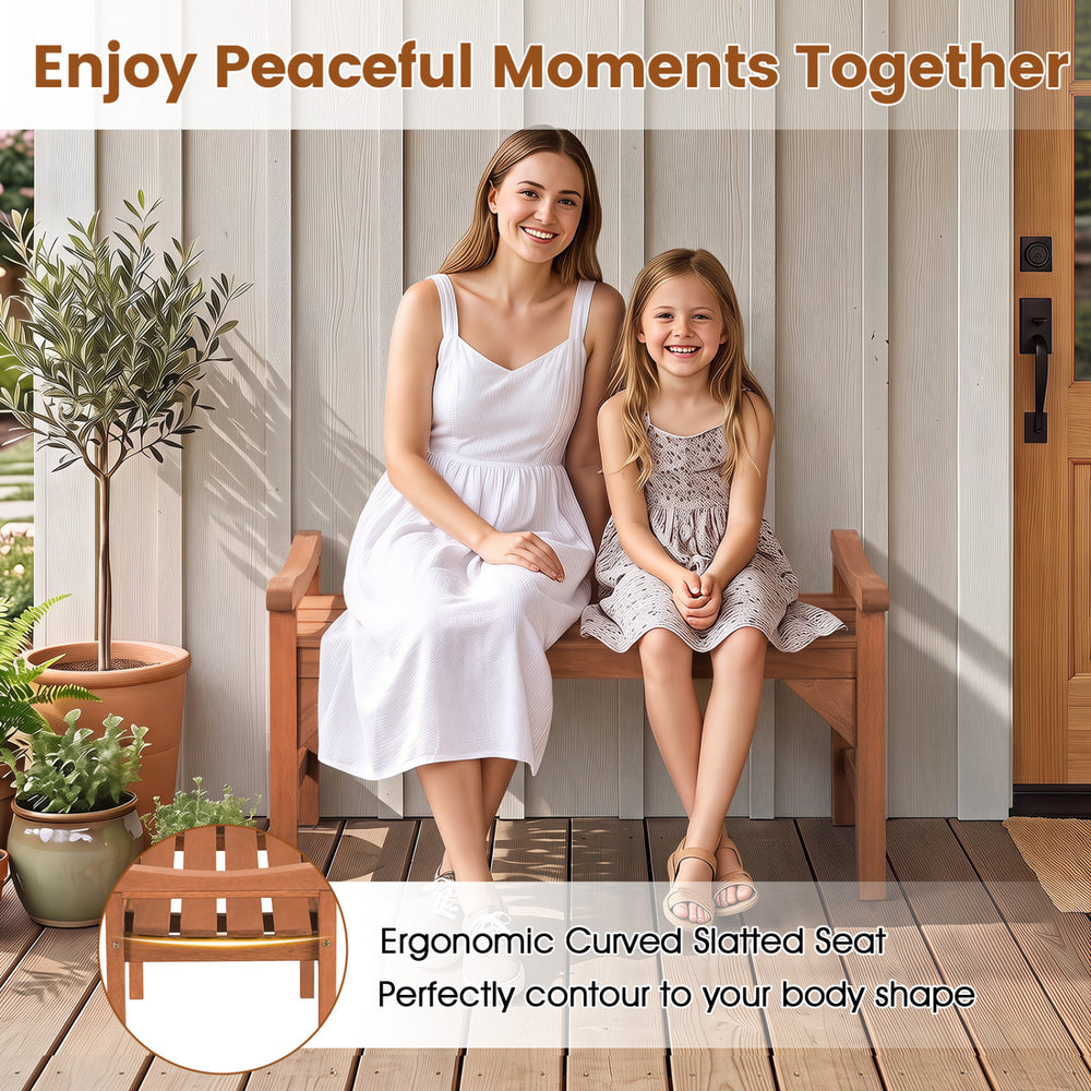 Backless solid wood garden bench features ergonomic curved slatted seat and side handles, perfect for outdoor relaxation.