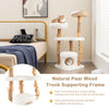 Natural pear wood cat tower featuring a spacious middle platform and soft plush cushions for indoor cats to play and.