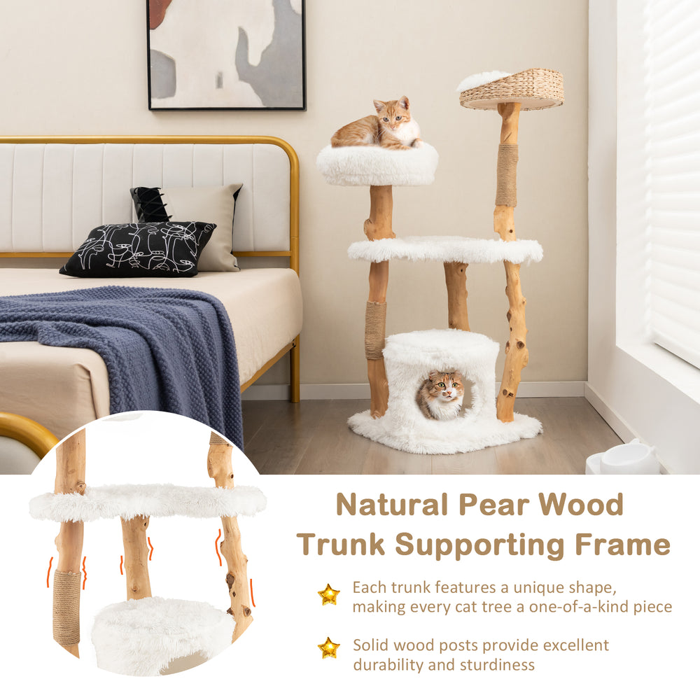 Natural pear wood cat tower featuring a spacious middle platform and soft plush cushions for indoor cats to play and.