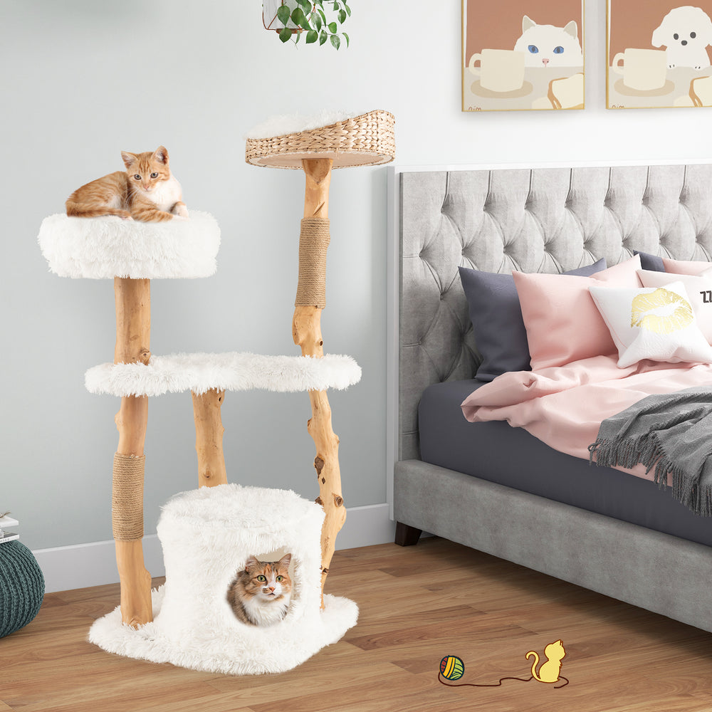 Spacious bottom condo of the solid wood cat tower offers a cozy retreat with plush cushions for indoor cat comfort.
