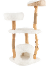 Solid wood cat tower in white with plush cushions, featuring a top cattail basket bed and spacious bottom condo for.