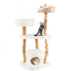 Solid wood cat tower with a top cattail basket, plush cushions, and scratching posts for indoor cats' comfort and play.