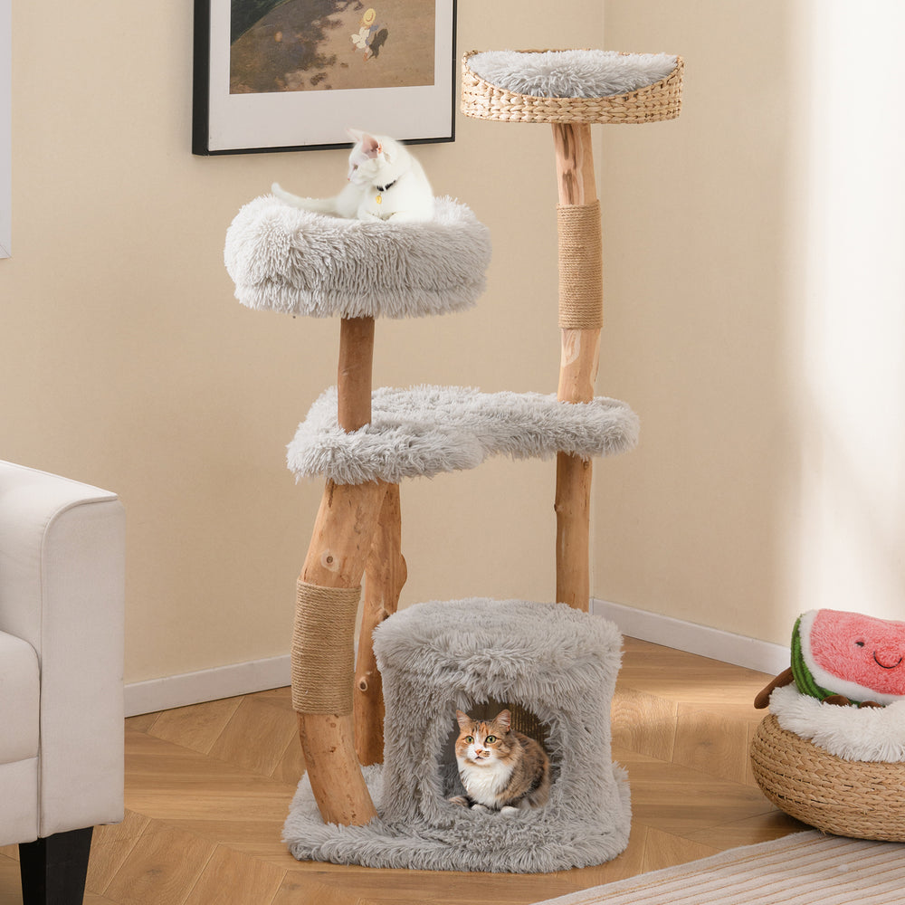 Solid Wood Cat Tower with Top Cattail Basket Cat Bed-Gray - Gallery View 1 of 10
