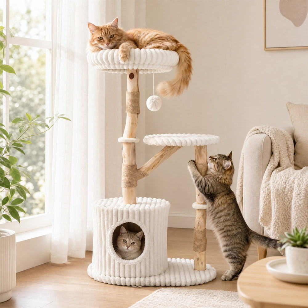 Multi-level Solid Wood Cat Tree features real branches, scratching posts, and a cozy bed for playful lounging.