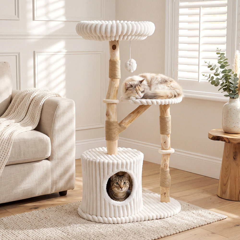 Beige cat tree featuring a cozy condo for resting and real wood branches, perfect for multiple cats to enjoy.