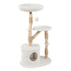Multi-level beige cat tree with real wood branches, scratching posts, and a cozy bed for climbing and lounging.