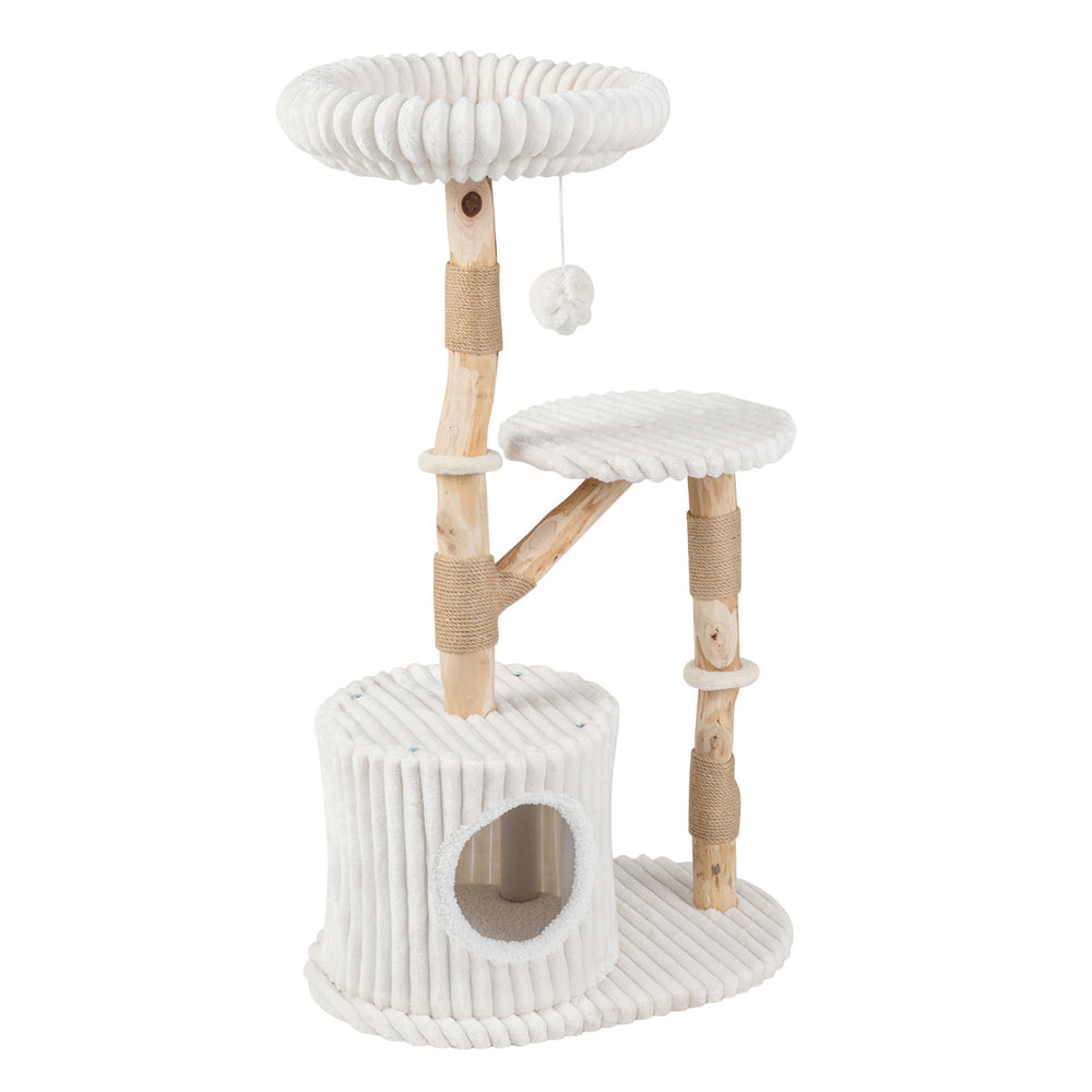 Multi-level beige cat tree with real wood branches, scratching posts, and a cozy bed for climbing and lounging.