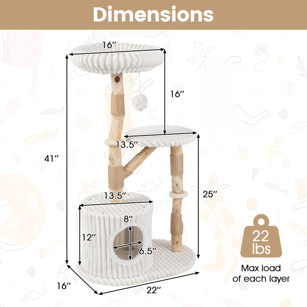 Multi-level Solid Wood Cat Tree with real branches, beige plush bed, and scratching posts for climbing and lounging.