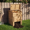 Solid wood compost bin with a top opening, made from natural acacia wood, designed for efficient garden composting.