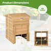Solid wood compost bin with dimensions, featuring a lockable sliding door and flip-top opening for easy access.