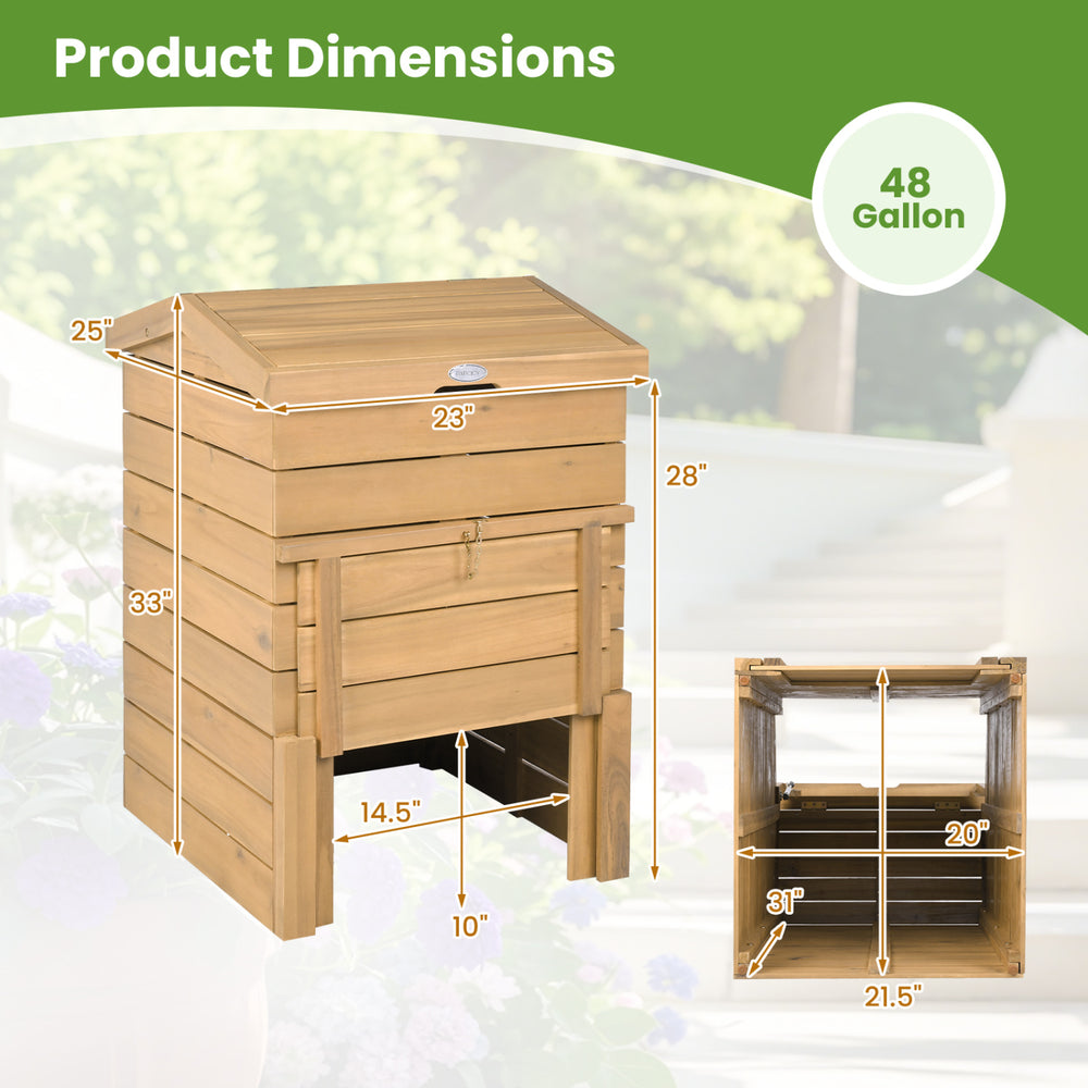 Solid wood compost bin with dimensions, featuring a lockable sliding door and flip-top opening for easy access.