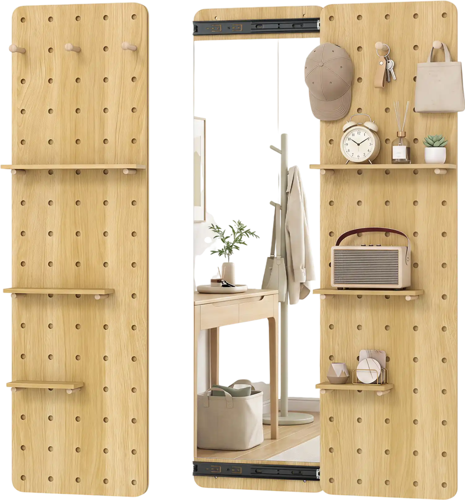 Costway Solid Wood Full Length Wall Mirror with Pegboard Shelves Hooks Entryway 15078716 New