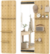Natural solid wood full-length mirror features a sliding pegboard with adjustable shelves and hooks for personalized organization.