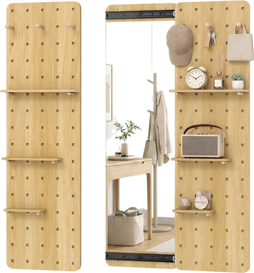 Natural solid wood full-length mirror features a sliding pegboard with adjustable shelves and hooks for personalized organization.