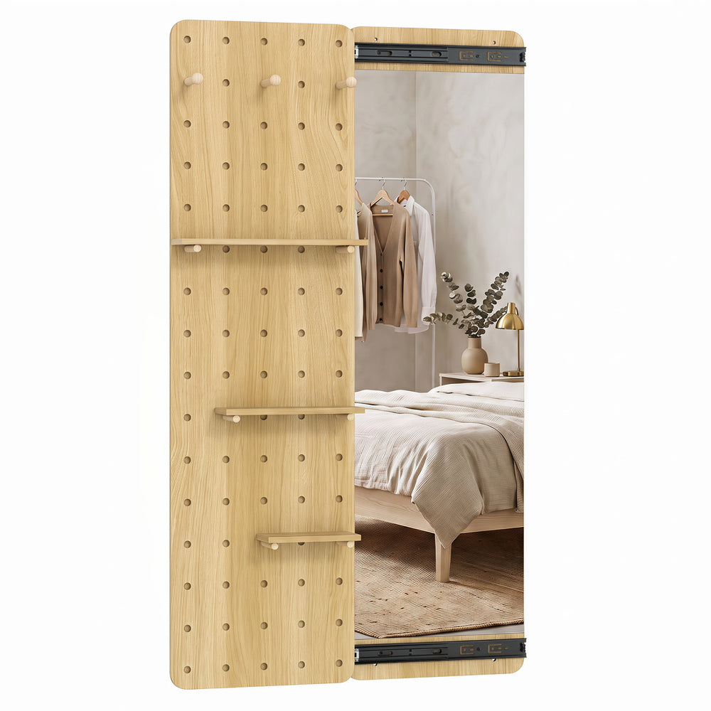 Solid wood full-length mirror with a sleek design, featuring a sliding pegboard and adjustable shelves for customized storage.