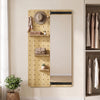 Solid wood full-length mirror with sliding pegboard, shelves, and hooks for versatile entryway storage and organization.