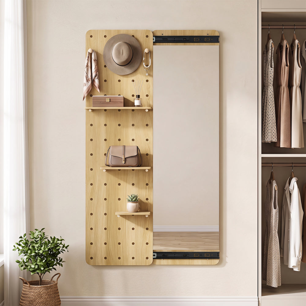 Solid wood full-length mirror with sliding pegboard, shelves, and hooks for versatile entryway storage and organization.