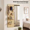 Solid wood full-length mirror with pegboard, shelves, and hooks, designed for wall mounting to save floor space.