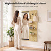 Solid wood full-length mirror with sliding pegboard, shelves, and hooks for versatile entryway storage and outfit checks.