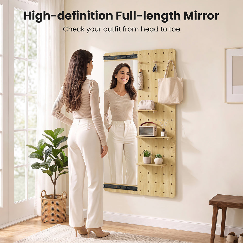 Solid wood full-length mirror with sliding pegboard, shelves, and hooks for versatile entryway storage and outfit checks.