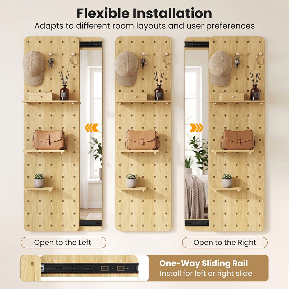 Solid wood full-length mirror with pegboard, shelves, and hooks, adaptable for left or right sliding in entryways.