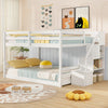 Solid wood full over full low bunk bed in white with integrated storage stairs, ideal for kids' rooms and sleepovers.