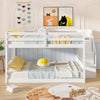 Low profile solid wood full over full bunk bed with storage stairs, ideal for kids' rooms and sleepovers.