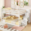 Solid wood full over full low bunk bed in white with storage stairs, ideal for kids' rooms and sleepovers.