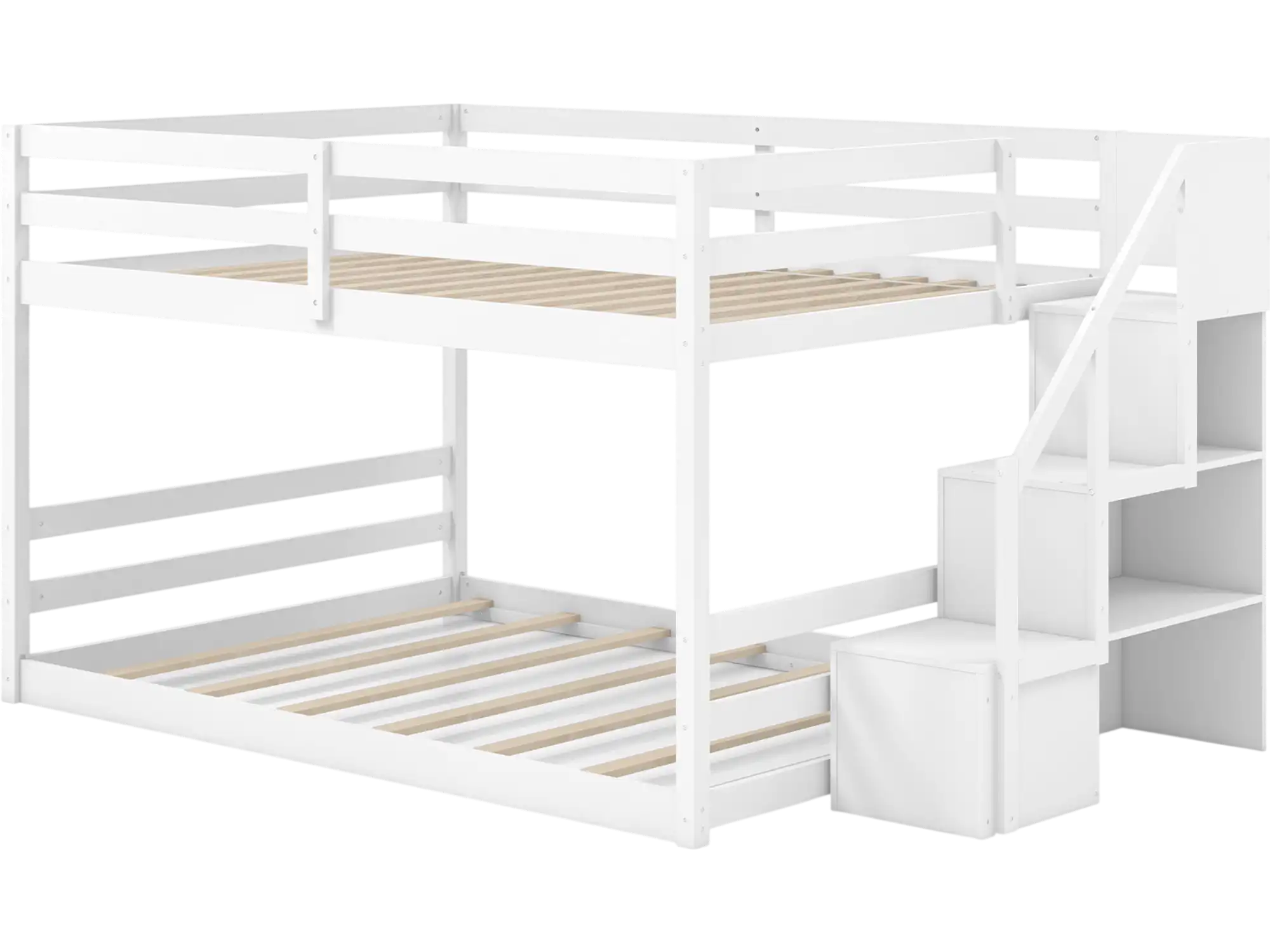 Costway Solid Wood Full Over Full Low Bunk Bed with Storage Stairs 82617543 New