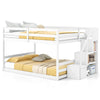 Full over full low bunk bed in white with storage stairs, solid wood construction, ideal for kids' rooms and sleepovers.