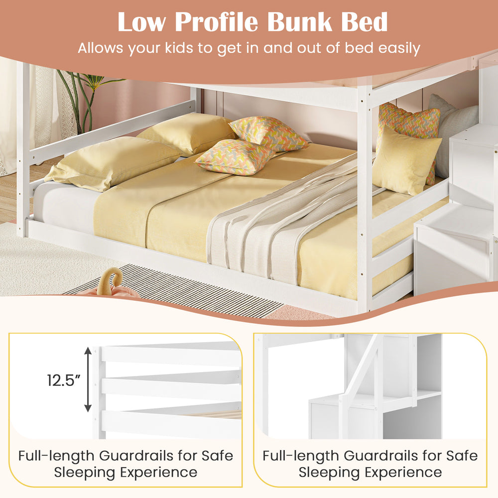 Low profile solid wood full over full bunk bed with storage stairs and full-length guardrails for safe sleeping.