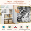 Solid wood full over full low bunk bed with integrated storage stairs and three open compartments for organization.
