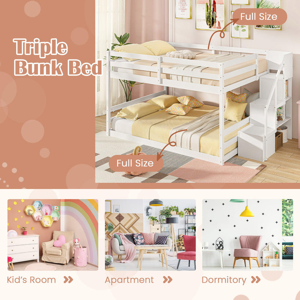 Triple bunk bed in white with storage stairs, featuring two full-size beds for kids' rooms or dormitories.