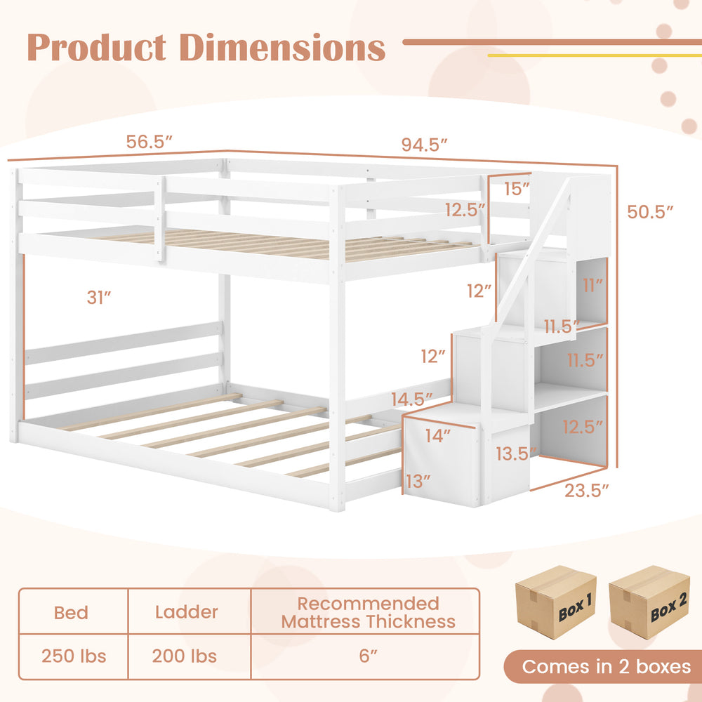 Dimensions of the Solid Wood Full Over Full Low Bunk Bed with Storage Stairs, designed for safety and stability.