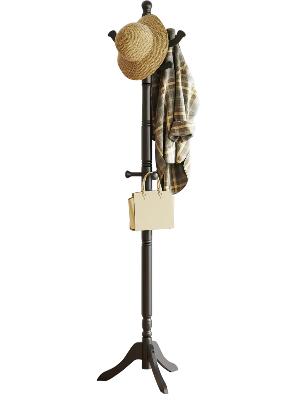 Solid wood hall tree in black with 11 hooks, 3 height options, and vintage design for stylish entryway organization.