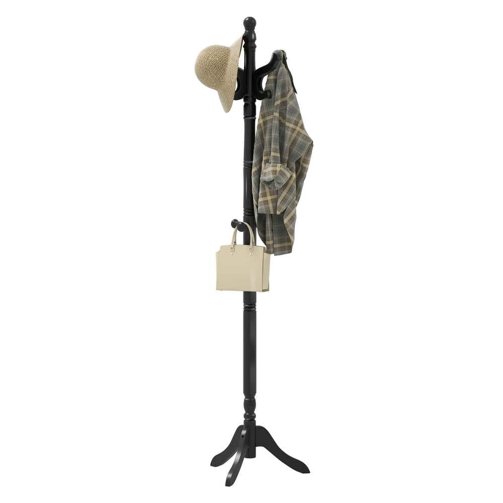 Solid wood hall tree in black with a hat, jacket, and bag hanging from its 11 hooks, ideal for entryway organization.