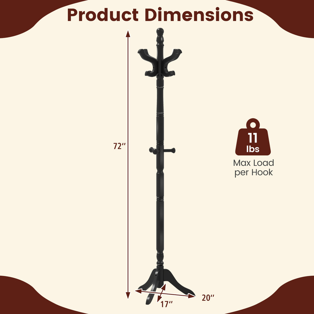 Solid wood hall tree in black with 11 hooks, 72" height, and tri-legged base for stable entryway organization.