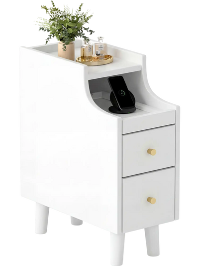 Costway Solid Wood Narrow Nightstand Side Table w/ Pull-Out Tray & 2 Drawers 428957316 New
