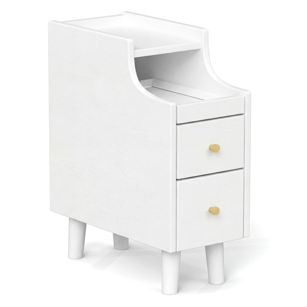 Narrow white solid wood nightstand with pull-out tray and two storage drawers for bedroom organization.