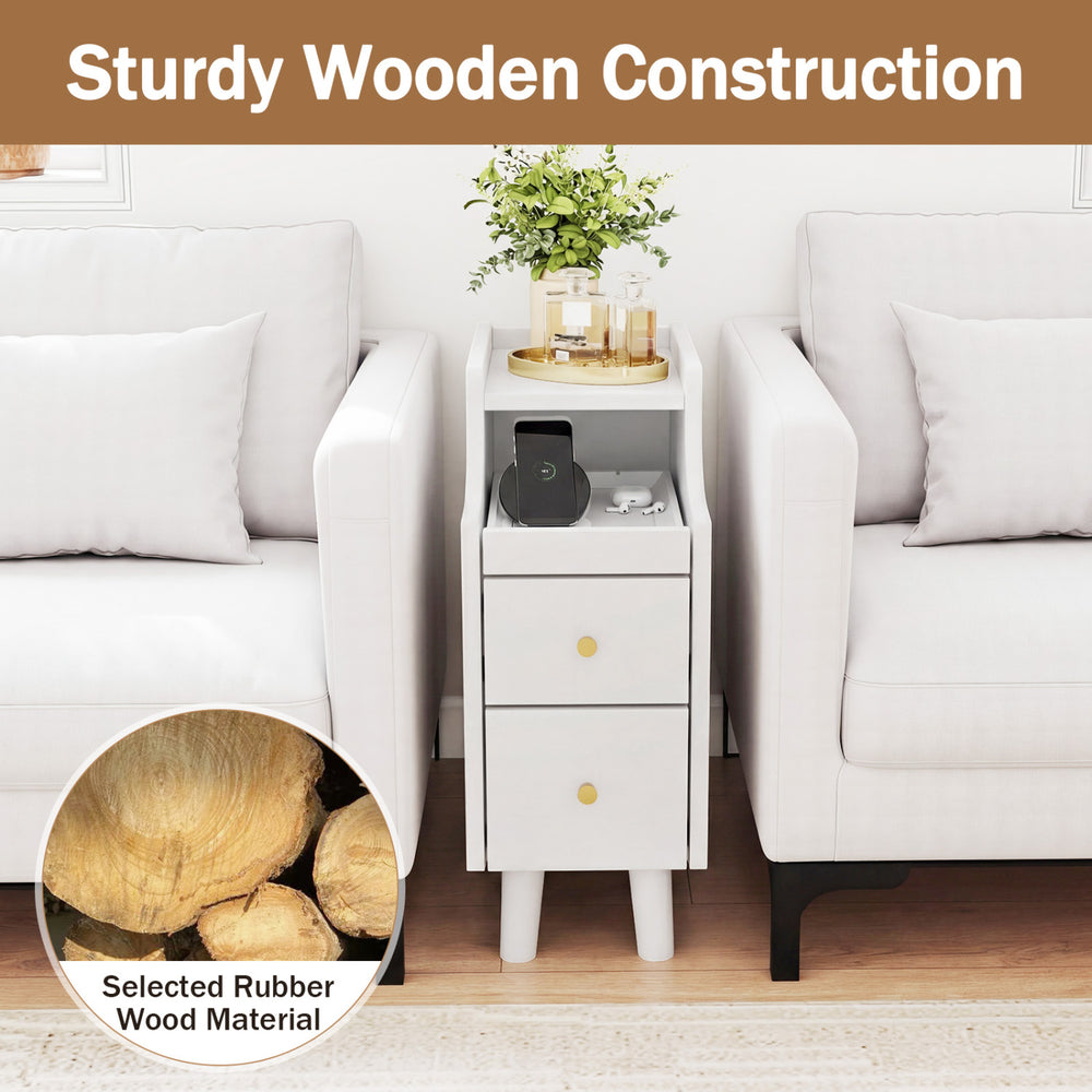 Narrow white solid wood nightstand with two storage drawers and pull-out tray, perfect for bedside use.