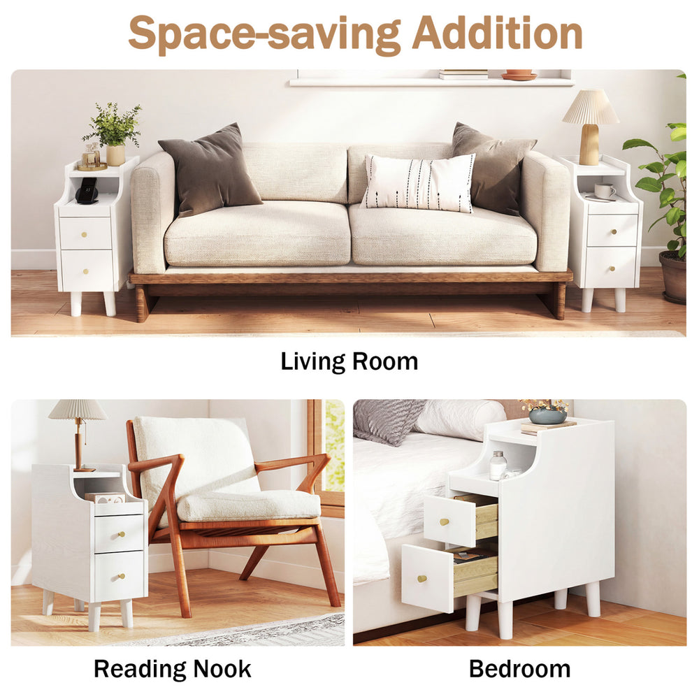 Narrow white solid wood nightstand with pull-out tray and two storage drawers, ideal for bedroom or living room use.